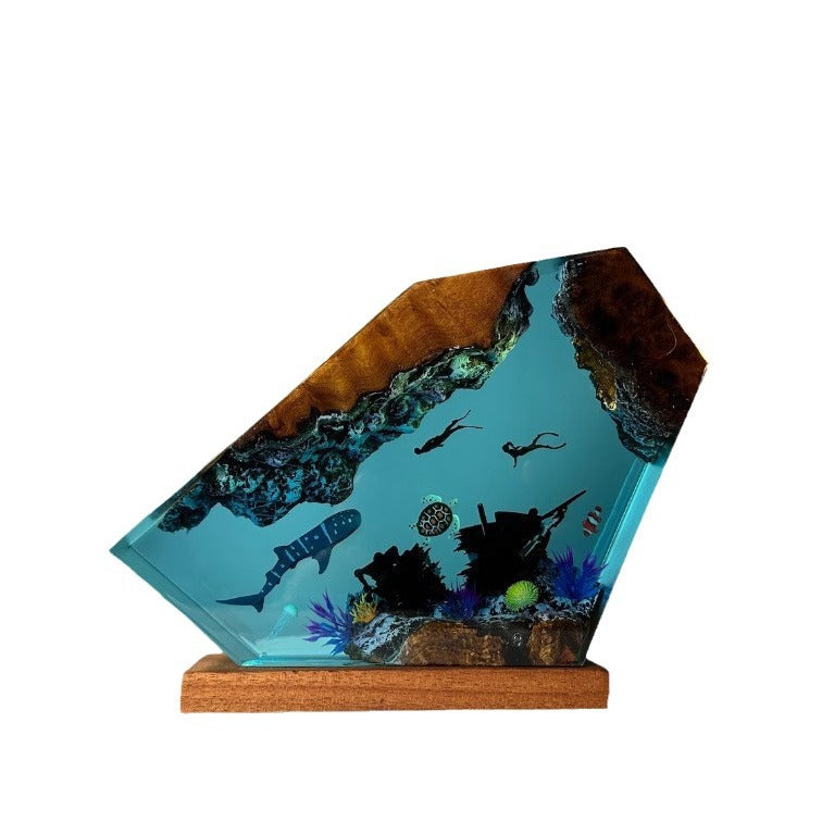Underwater diver resin lamp lit from within with turtle and coral reef