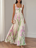 Floral print pleated maxi dress shown from the front, full length