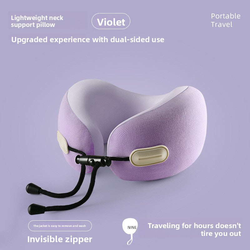 U-shaped memory foam travel neck pillow with a front toggle and cool touch knit cover