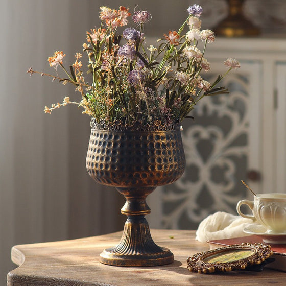 Distressed Hammered Iron Pedestal Flower Pot with Scalloped Rim