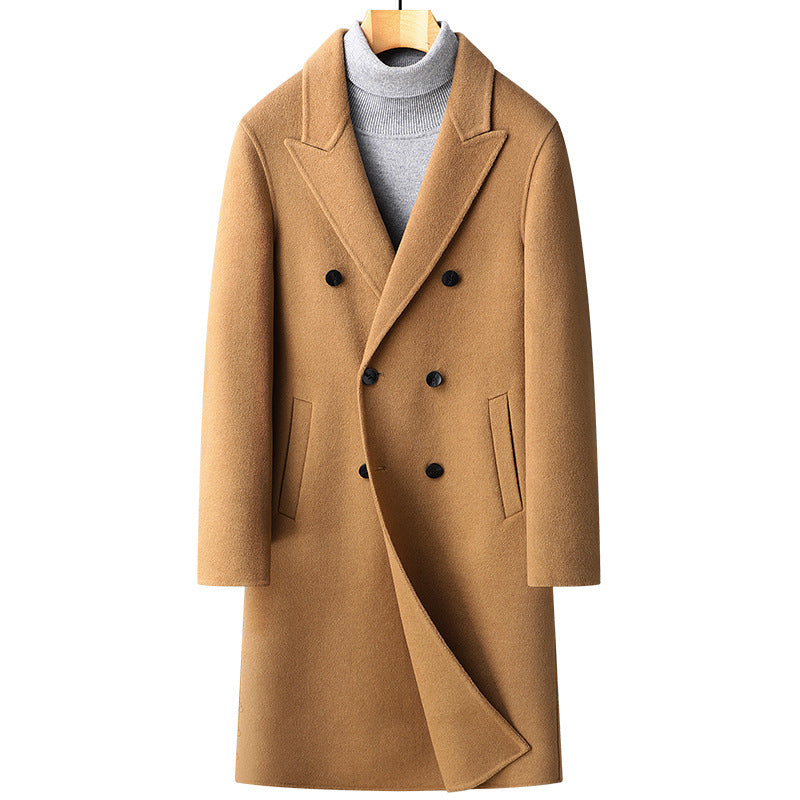 Camel double-breasted long wool coat with wide peak lapels over a gray turtleneck, Camel 175/L option photo