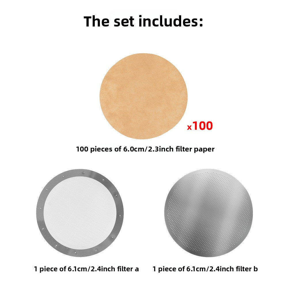Coffee filter set showing 100 paper filters with a woven and a perforated steel disc
