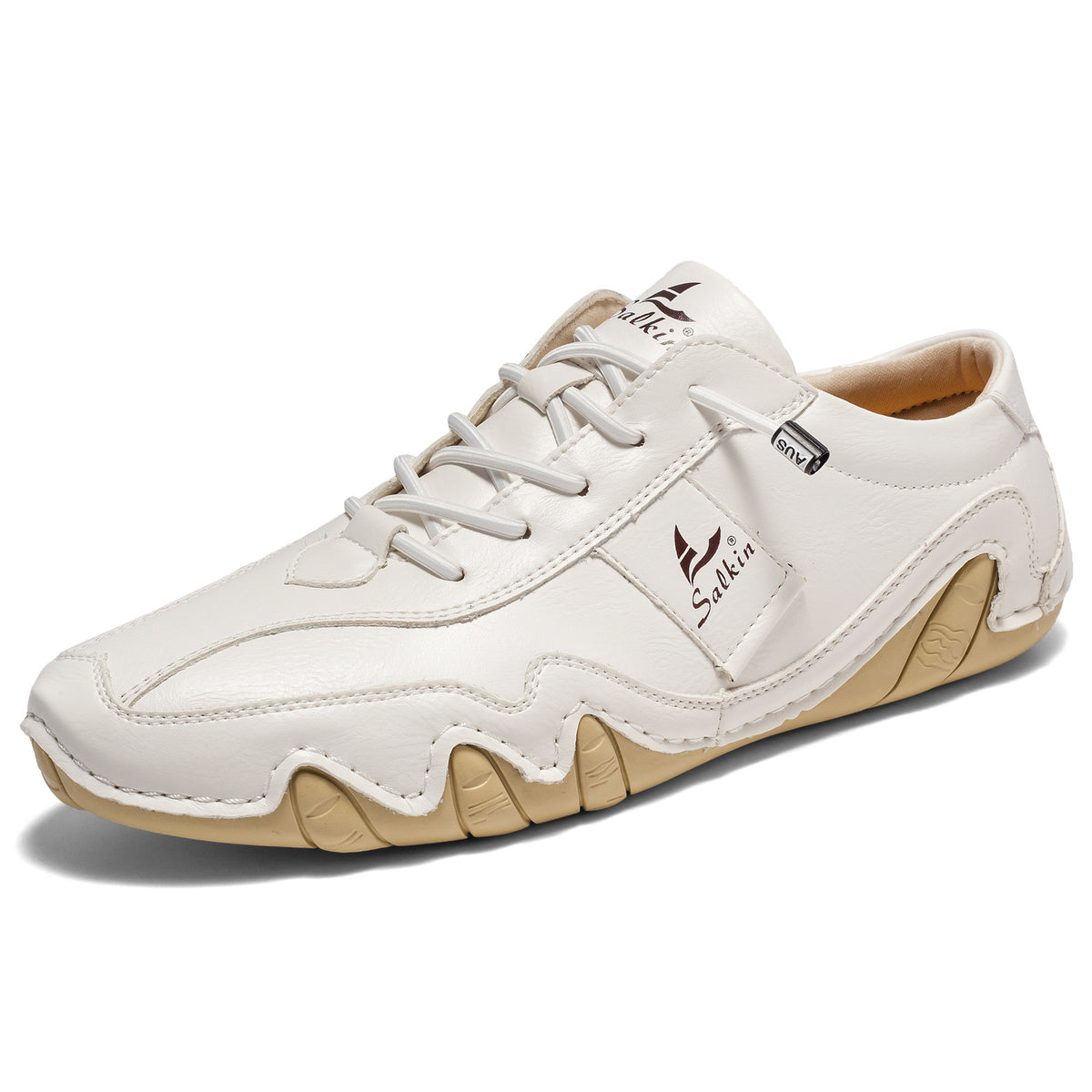White microfiber low-top lace-up casual shoe with a wavy cream lug sole, three quarter view, size option 47