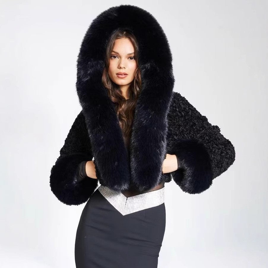 Soft white faux fur plush jacket shown three quarter to display hood and short cut