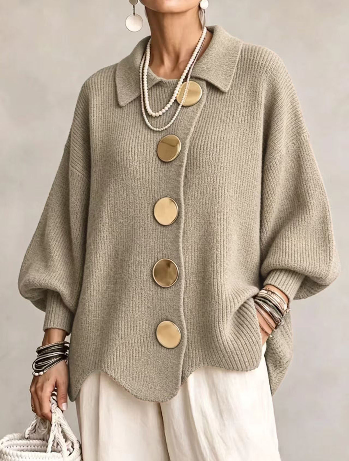 Beige taupe ribbed knit top with a collar and gold tone metal buttons, Matcha green option, size 2XL