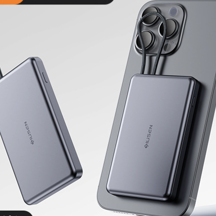 Titanium gray power bank shown front and back with a small percentage display