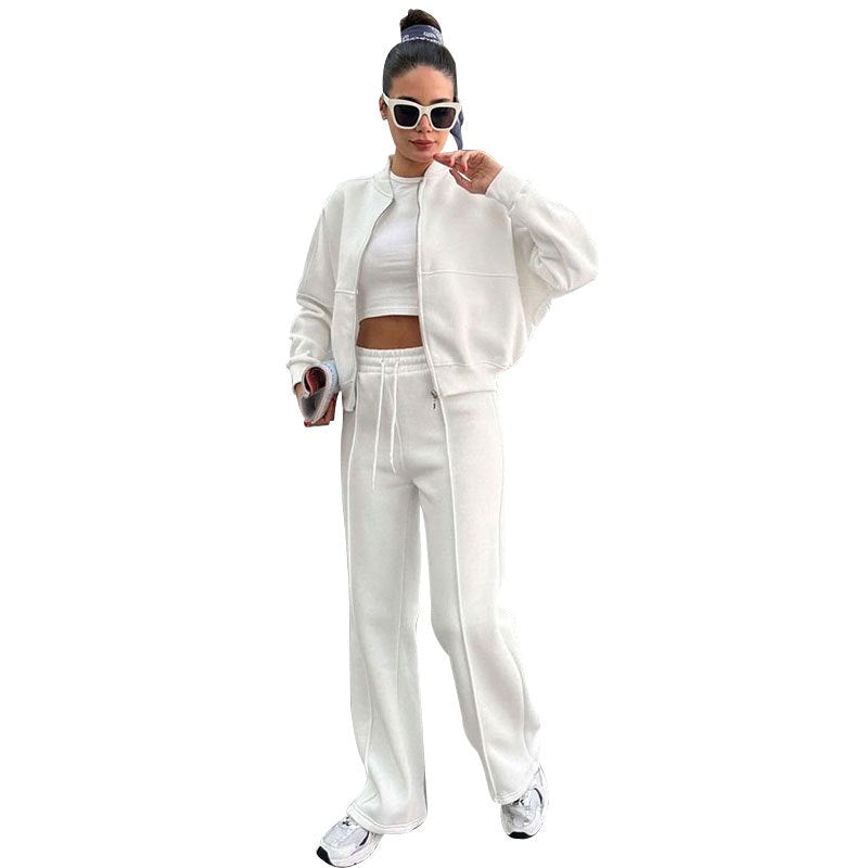 White fleece zip jacket and wide-leg pants set, full length