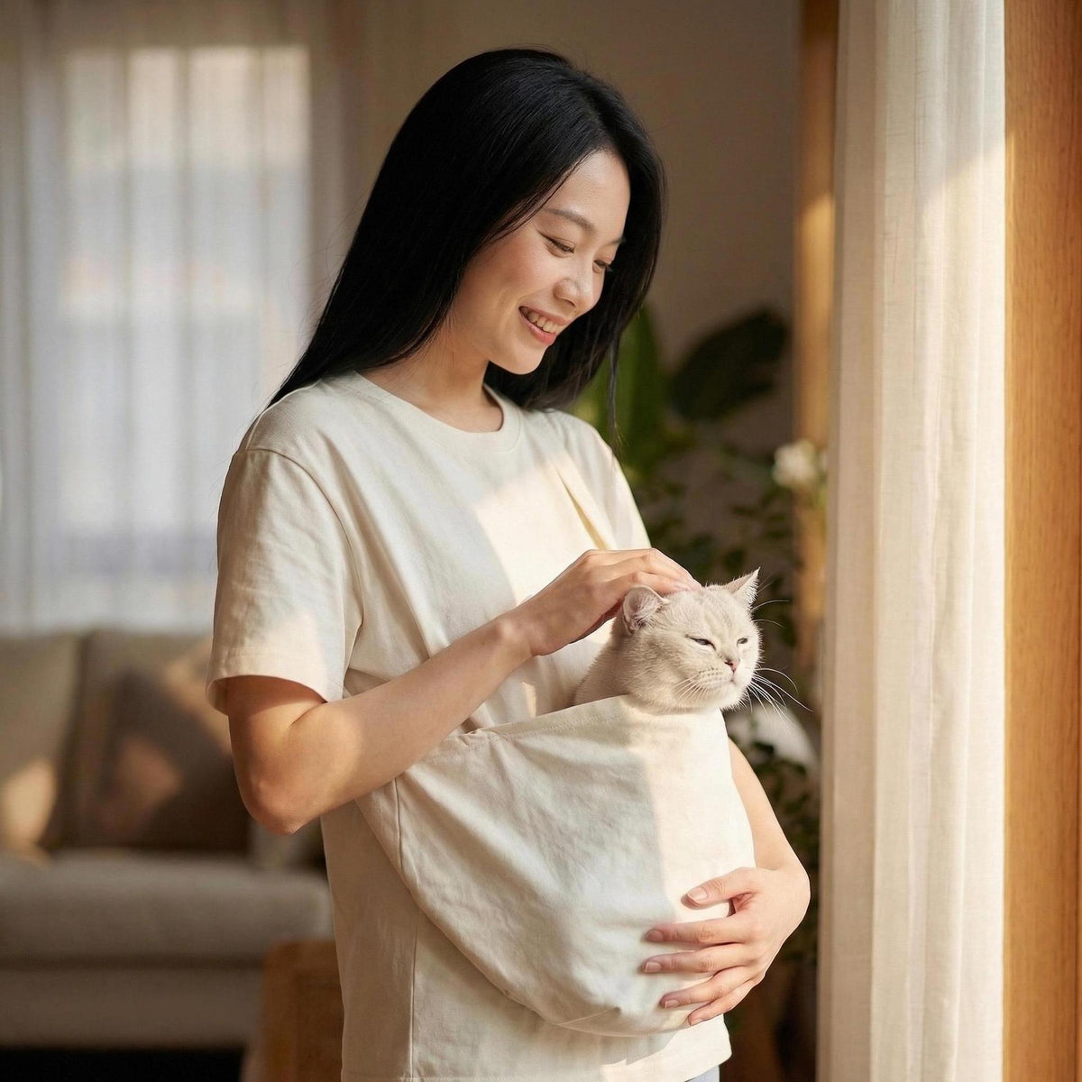 Woman wearing a natural white cotton pet pouch t-shirt with a cat in the front pouch