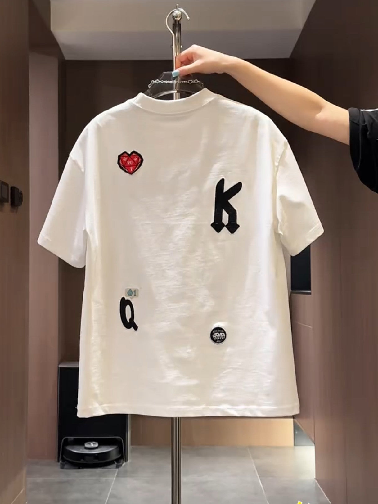 Men's loose fit embroidered patch T-shirt in white with a varsity A letter and sewn on patches