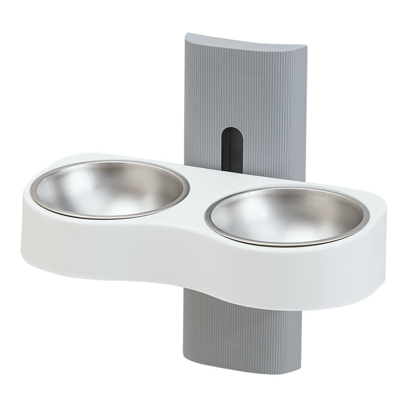 Brown wall mounted double pet bowl shown with its measurements