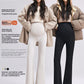 Two pregnant models in beige and black maternity bell-bottom pants with coats and winter boots