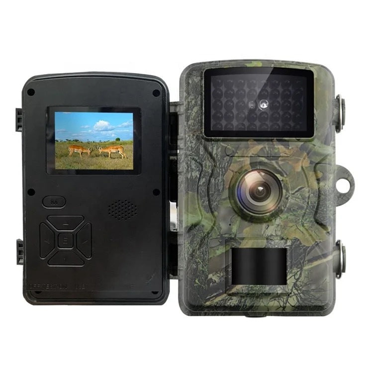 Camouflage night vision trail camera open showing the 2 inch screen and button controls