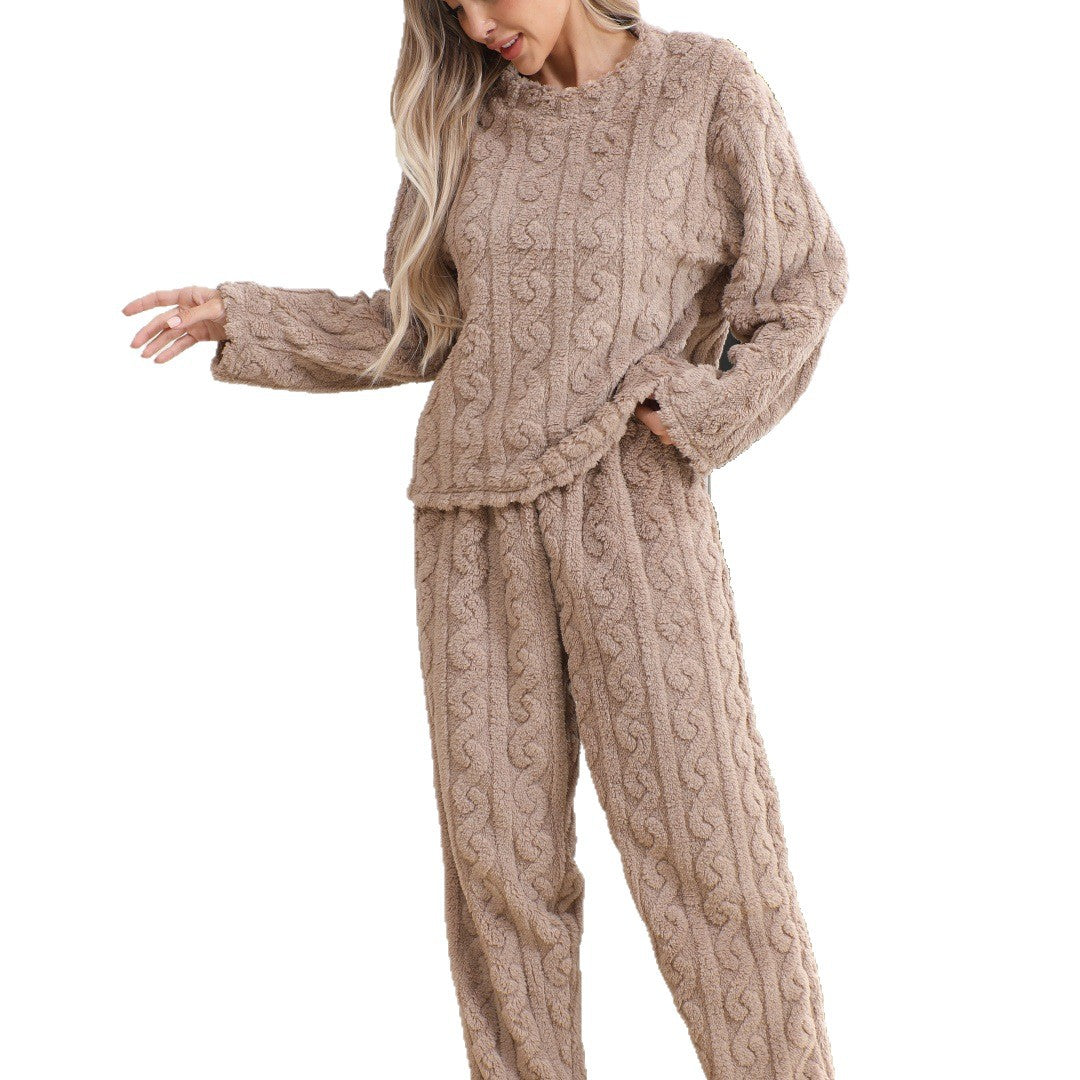 Khaki tan brown coral fleece pajama set with a cable-like jacquard texture worn by a model on a white background