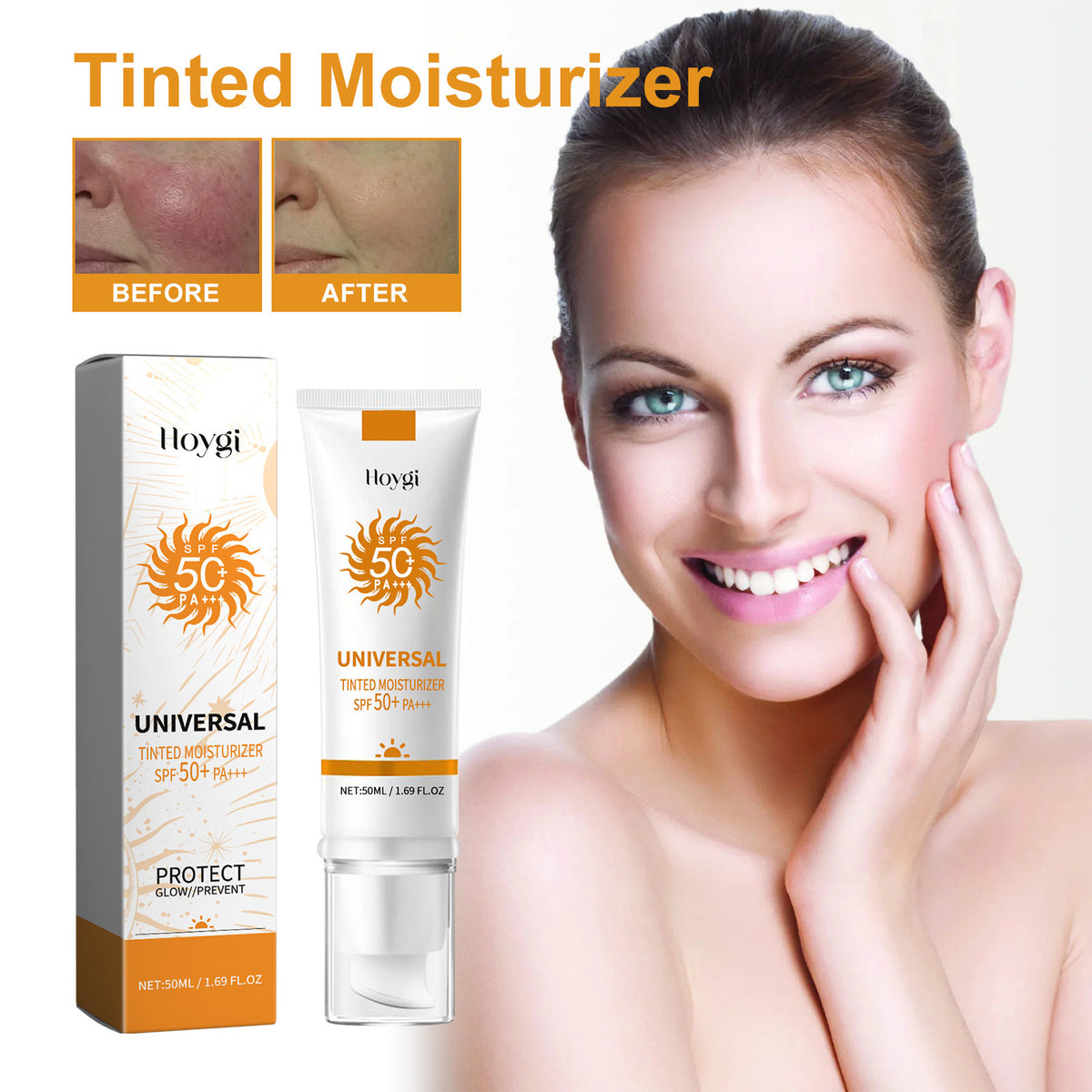 Smiling woman holding a slim white Hoygi tinted moisturizer tube printed with an SPF 50 plus PA rating