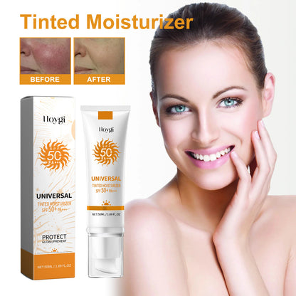 Smiling woman holding a slim white Hoygi tinted moisturizer tube printed with an SPF 50 plus PA rating