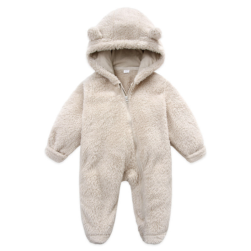 Beige plush fleece infant romper with bear ear hood and front zip, front view
