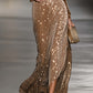 Close-up of the dark brown maxi dress fabric texture and soft drape