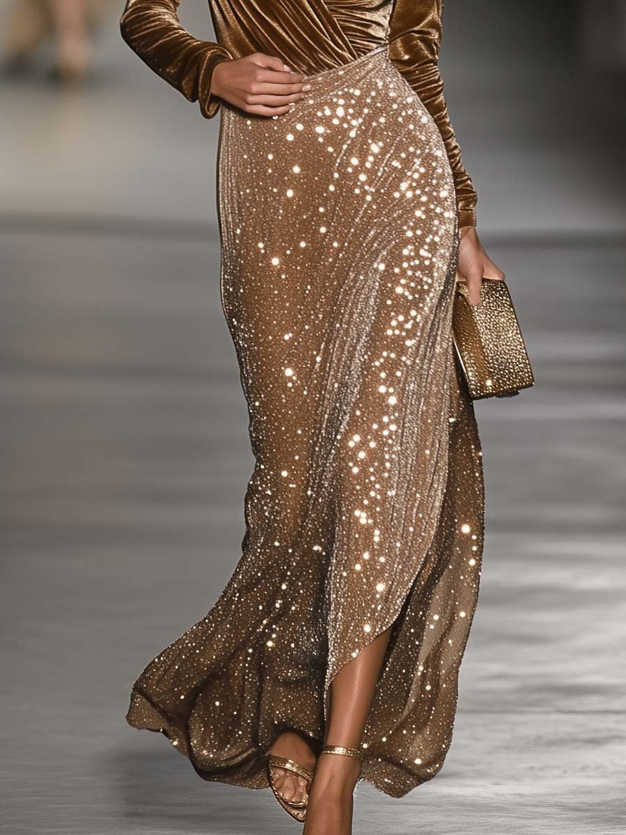 Close-up of the dark brown maxi dress fabric texture and soft drape