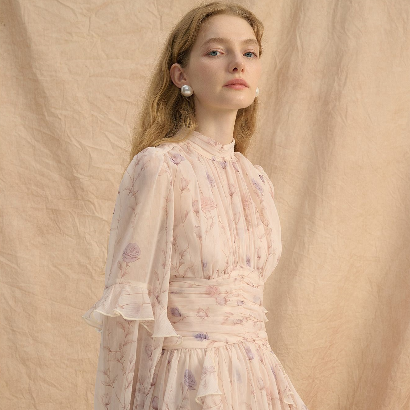 Floral Chiffon Long Sleeve Dress | side profile angle shot