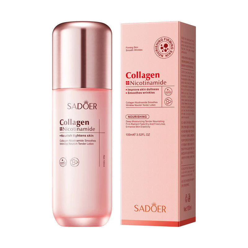 Collagen niacinamide toning lotion bottle and carton in the pink range