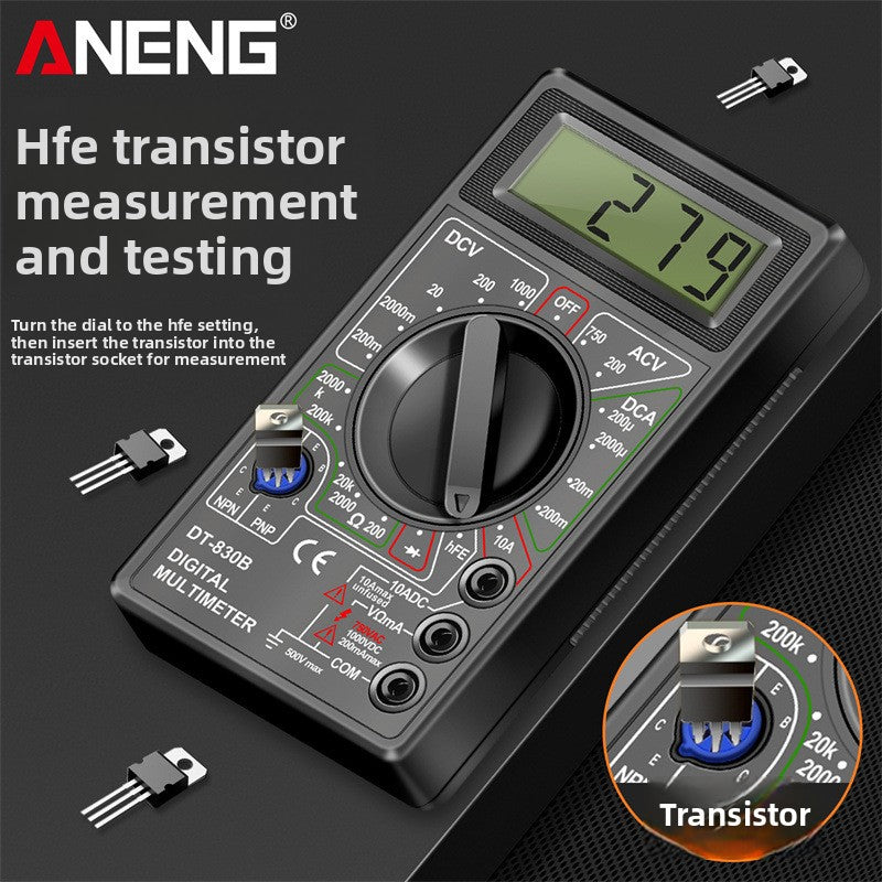 Black ANENG DT-830B multimeter set to the hFE transistor test with a transistor beside it