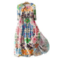 Vintage style floral midi dress with a tie waist and doll collar shown from the front