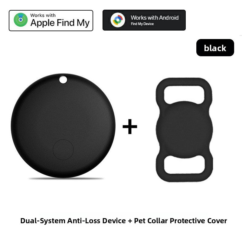F08 Black with a black silicone pet collar protective cover, Apple Find My and Android Find Hub badges