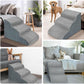 Four scenes of gray foam pet stairs beside sofas and beds with a dachshund, a terrier and small dogs