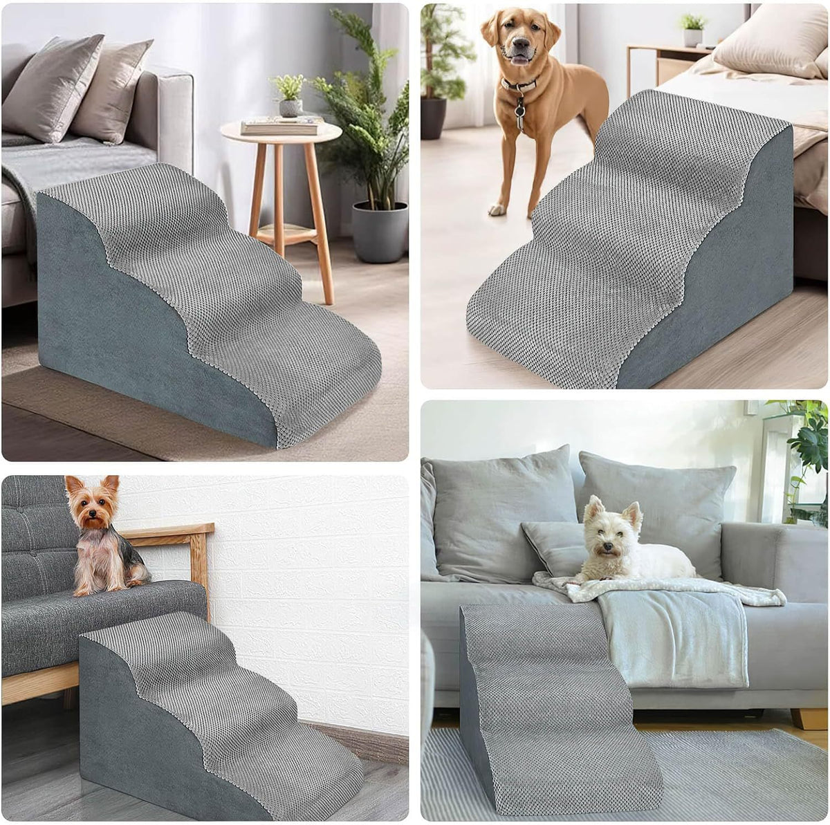 Four scenes of gray foam pet stairs beside sofas and beds with a dachshund, a terrier and small dogs