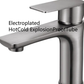 Gunmetal gray single lever faucet, option image labeled Electroplated HotCold ExplosionProofTube