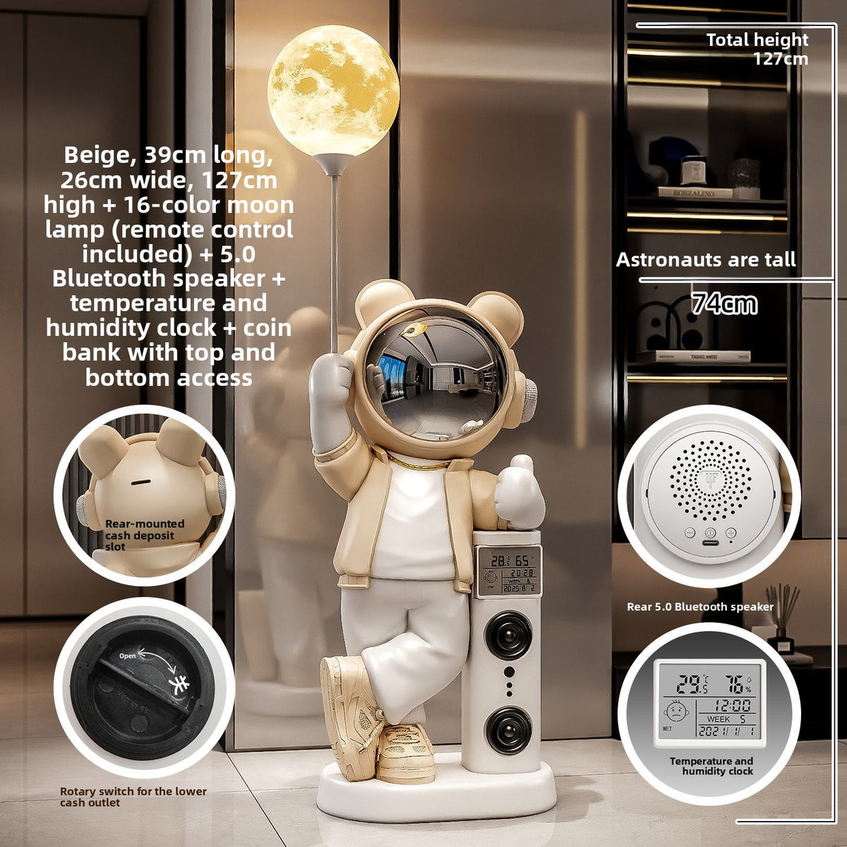 Beige astronaut bear statue 127 cm high with moon lamp, rear Bluetooth speaker, clock and coin bank details