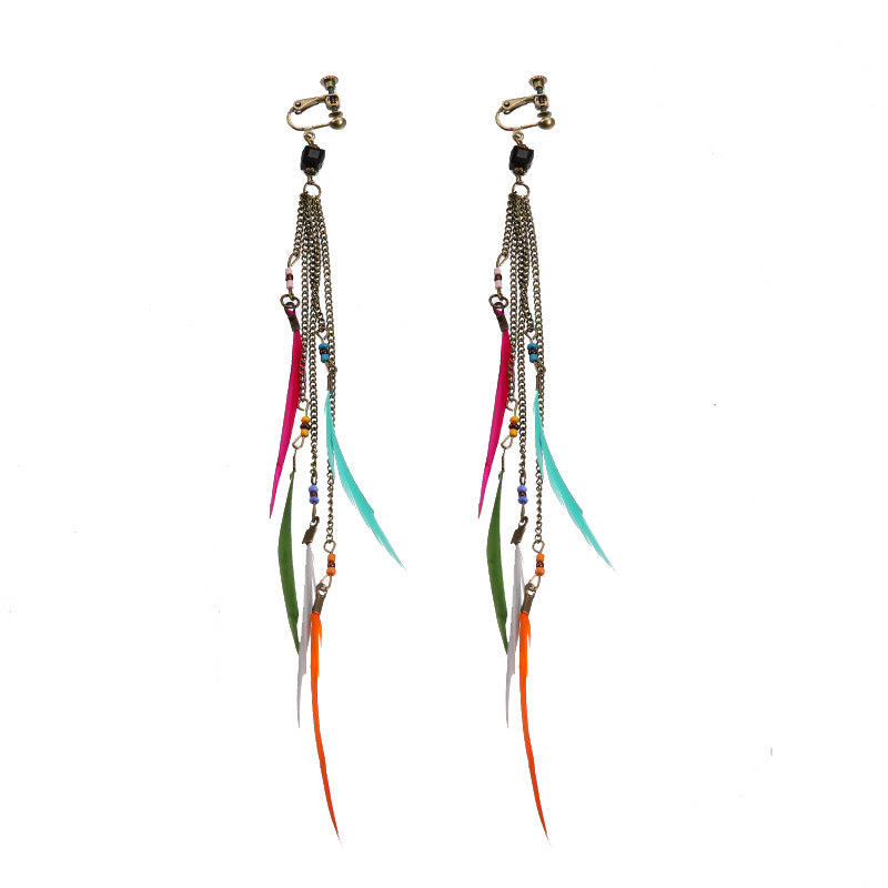 Bohemian tassel and bead clip-on drop earrings, aged tone zinc alloy frame, handmade pair on plain white background