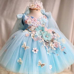 Childrens blue Lolita dress with floral pattern and puffy skirt