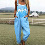 Womens printed sleeveless overall jumpsuit with button adjustable straps and front pockets
