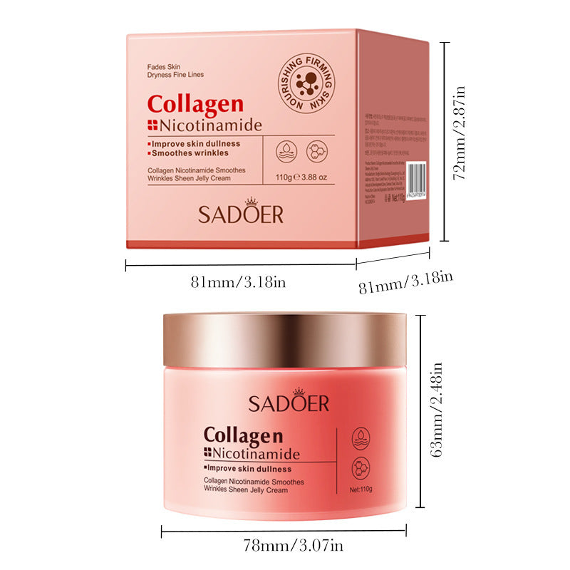 Collagen niacinamide jelly cream jar and carton with size dimensions marked