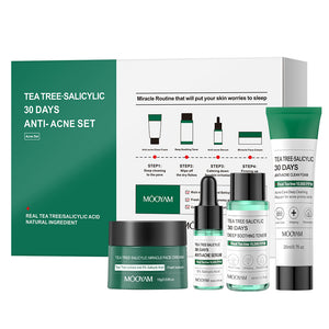Tea tree clean foam, soothing toner, serum and face cream lined up on a surface