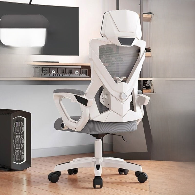 White frame gray mesh high-back mesh computer chair, lumbar support 4-way sliding armrest option