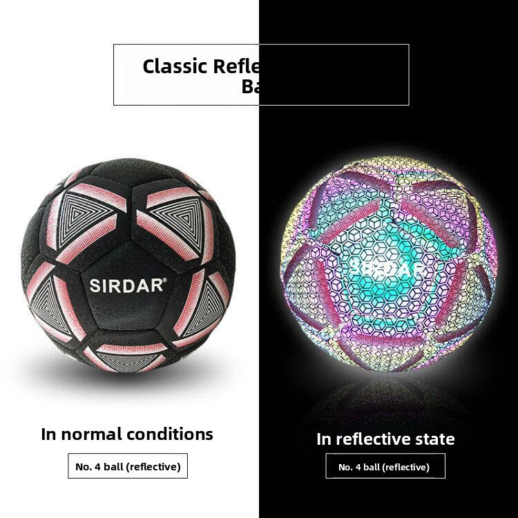 Size 4 black and pink reflective football with SIRDAR wordmark in normal and reflective states