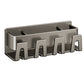 Gunmetal gray aluminum toothbrush holder with four U-shaped brush clips on a white background