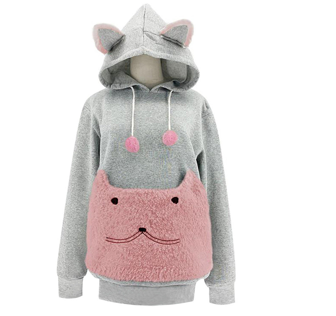Light gray cat ear hoodie with pink plush cat face pouch and pink pompoms, Pink option size XXXL