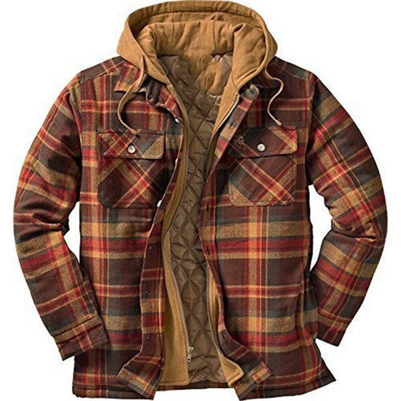 Mens plaid hooded jacket with quilted lining and full zip front