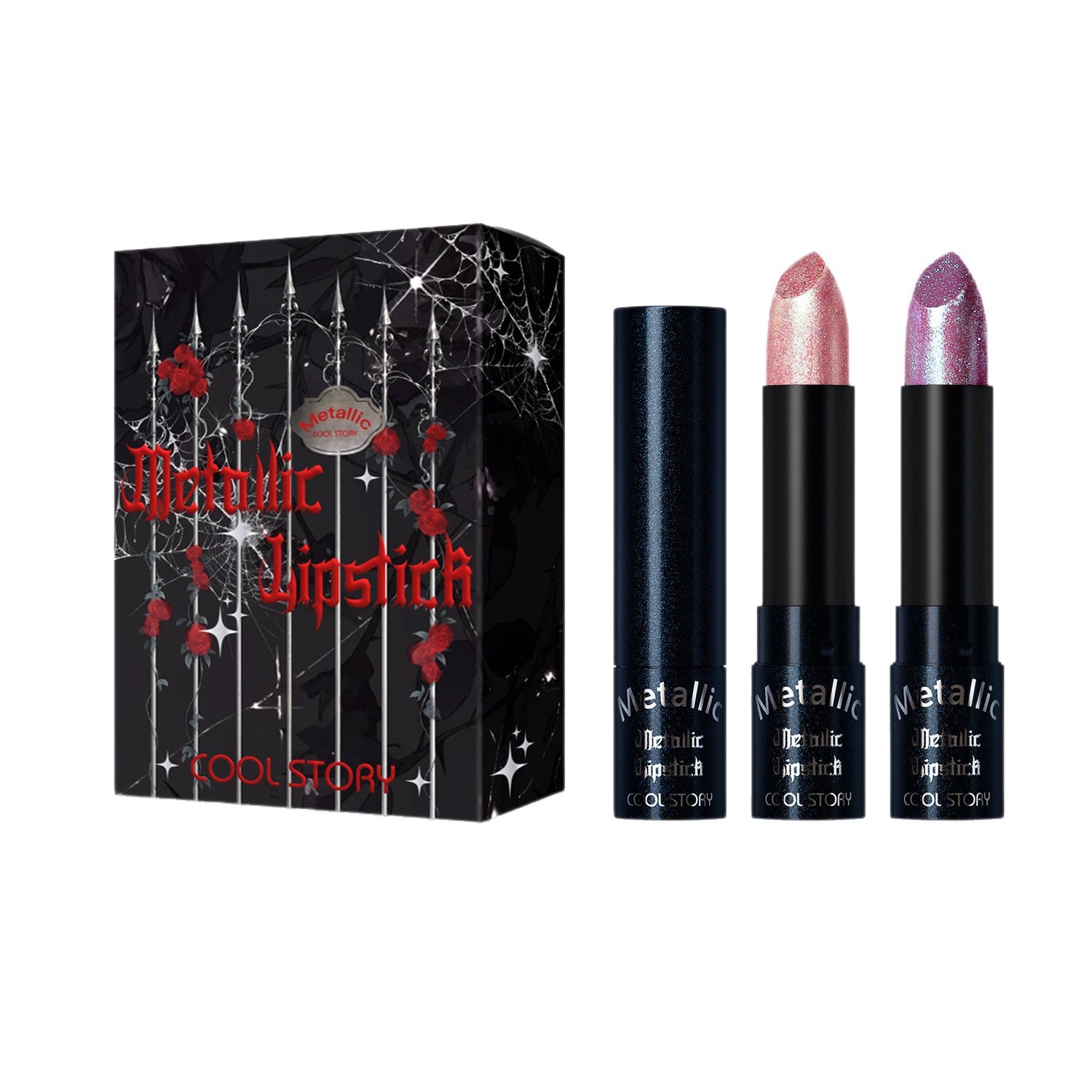 Metallic glitter bullet lipstick trio with saturated colour and a fine pearl shimmer finish