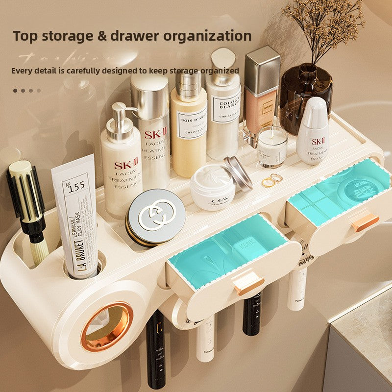 Cream rack shelf holding bottles above cups and toothbrushes in slots