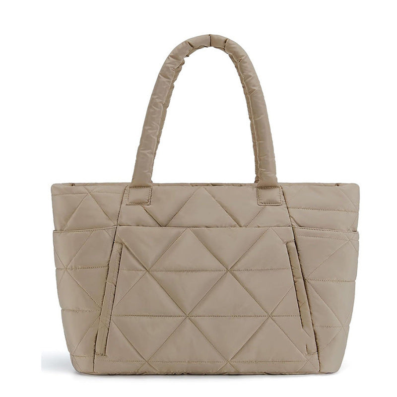 Camel padded quilted nylon shoulder bag with diamond stitching and zip top