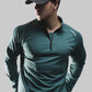 Close-up of the moisture-wicking knit fabric on the half-zip sport shirt