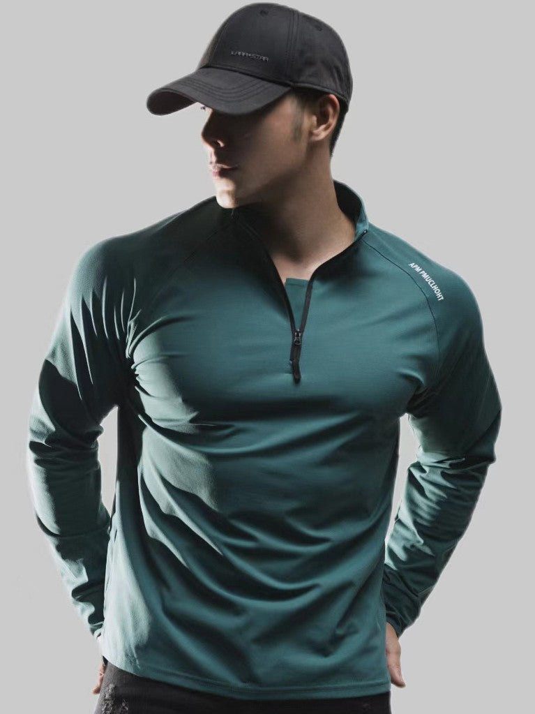 Close-up of the moisture-wicking knit fabric on the half-zip sport shirt
