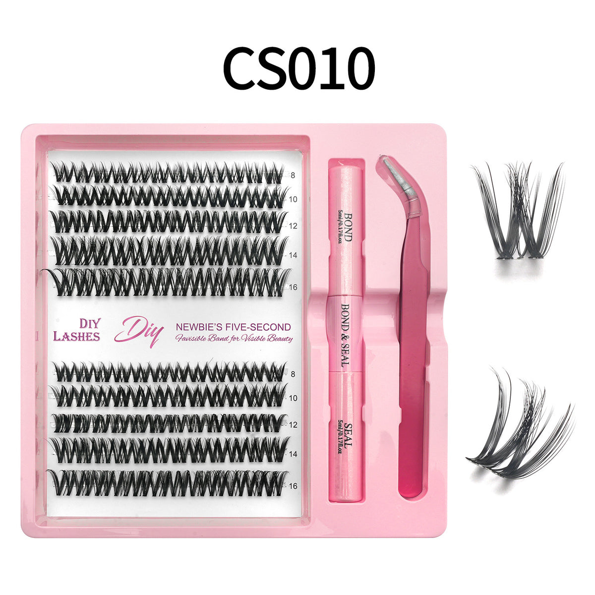 Lash cluster style CS10 in a 10 row tray with dual-ended glue pen, tweezers and a close-up of the cluster shape