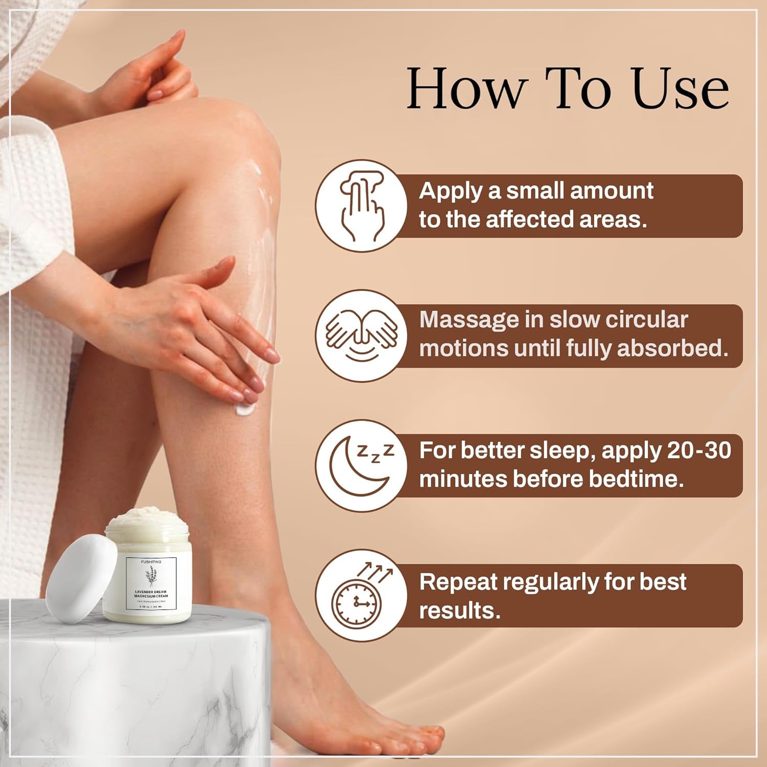 Lavender magnesium body butter being smoothed onto skin with application steps