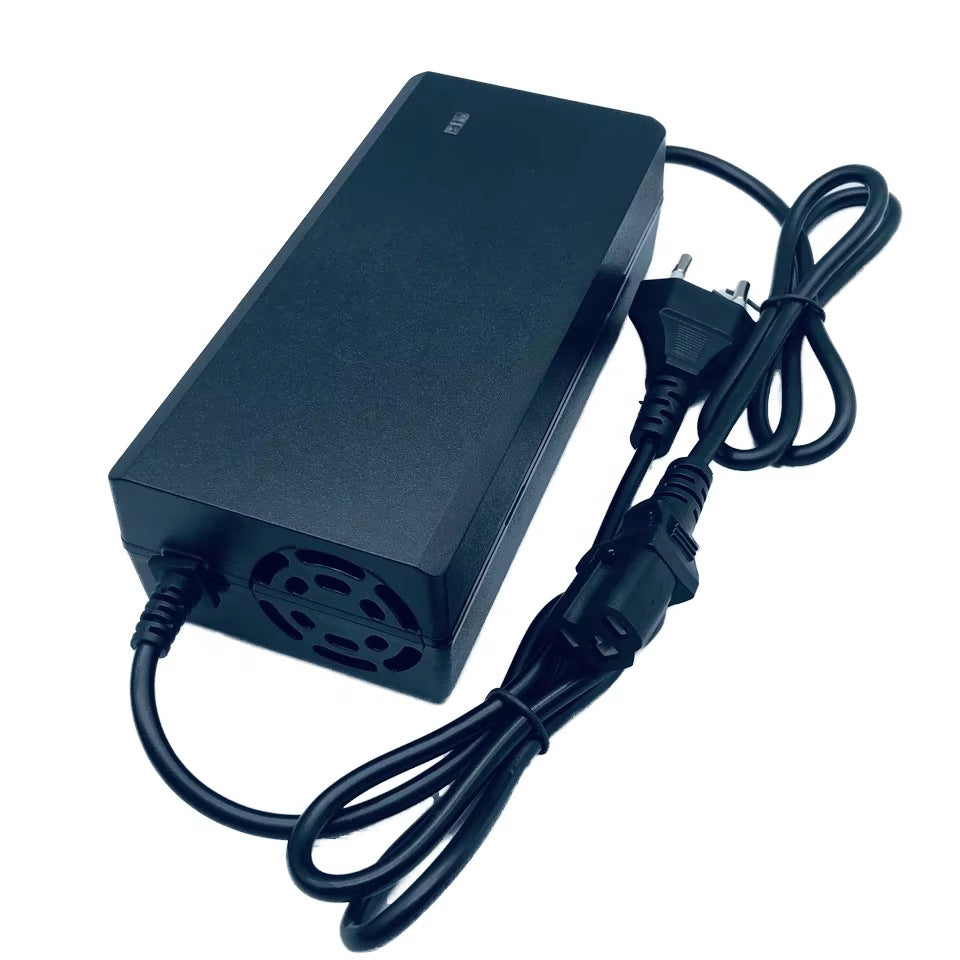 E scooter lithium battery charger with a region mains plug and an output charging lead