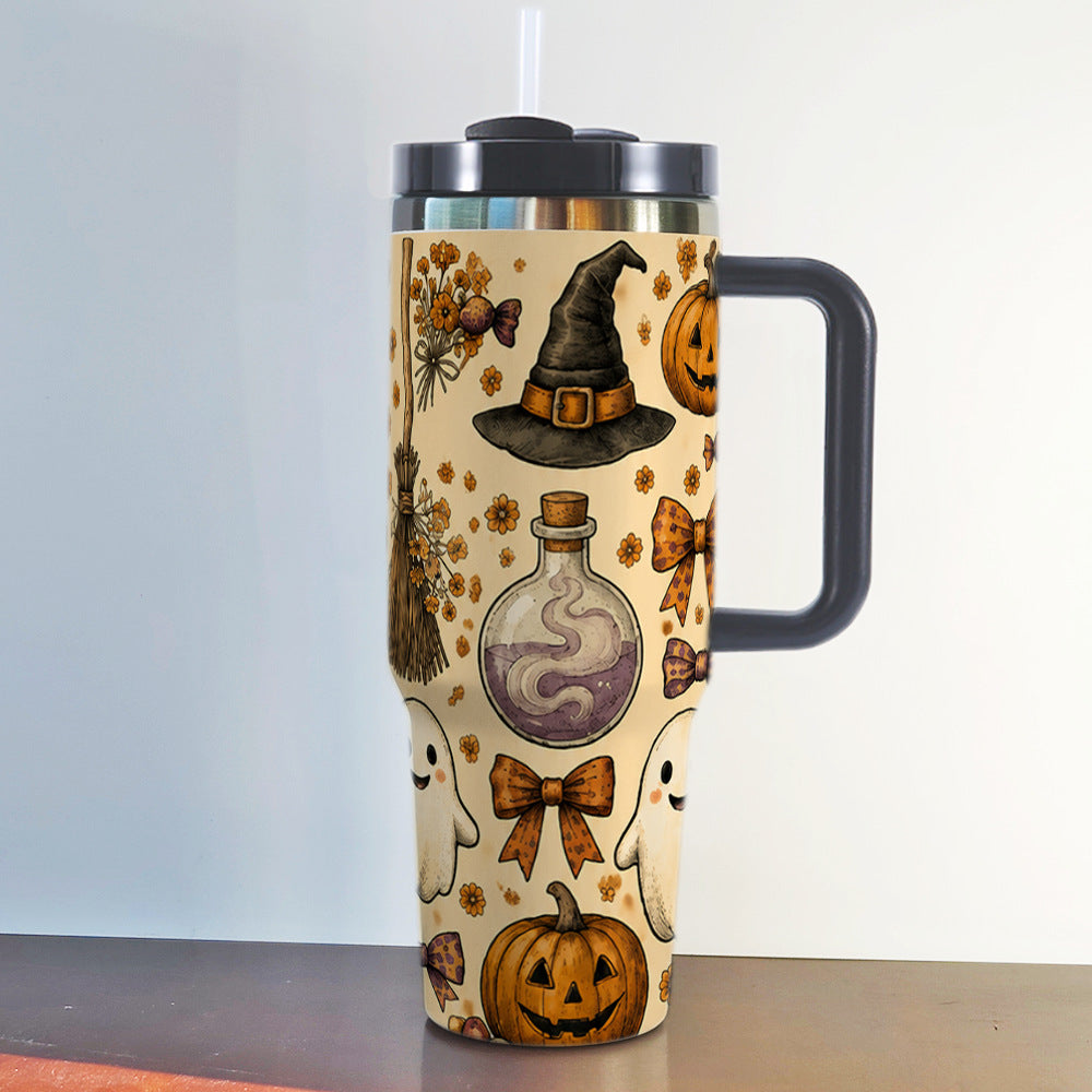 40oz insulated tumbler printed with a cream witch hat Halloween design and handle